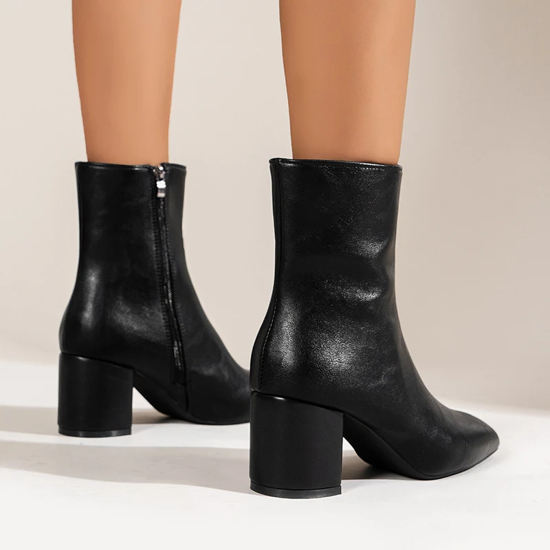 Botas femininas de salto grosso e bico fino, com zíper lateral, cano médio da moda, perfeitas para um visual elegante e confortável. — foto 10