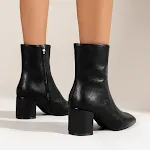 Botas femininas de salto grosso e bico fino, com zíper lateral, cano médio da moda, perfeitas para um visual elegante e confortável. — foto 10