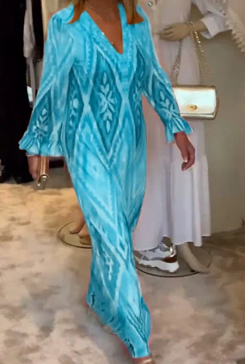 Title 3, Printed Deep V Lantern Sleeve Printed Dress