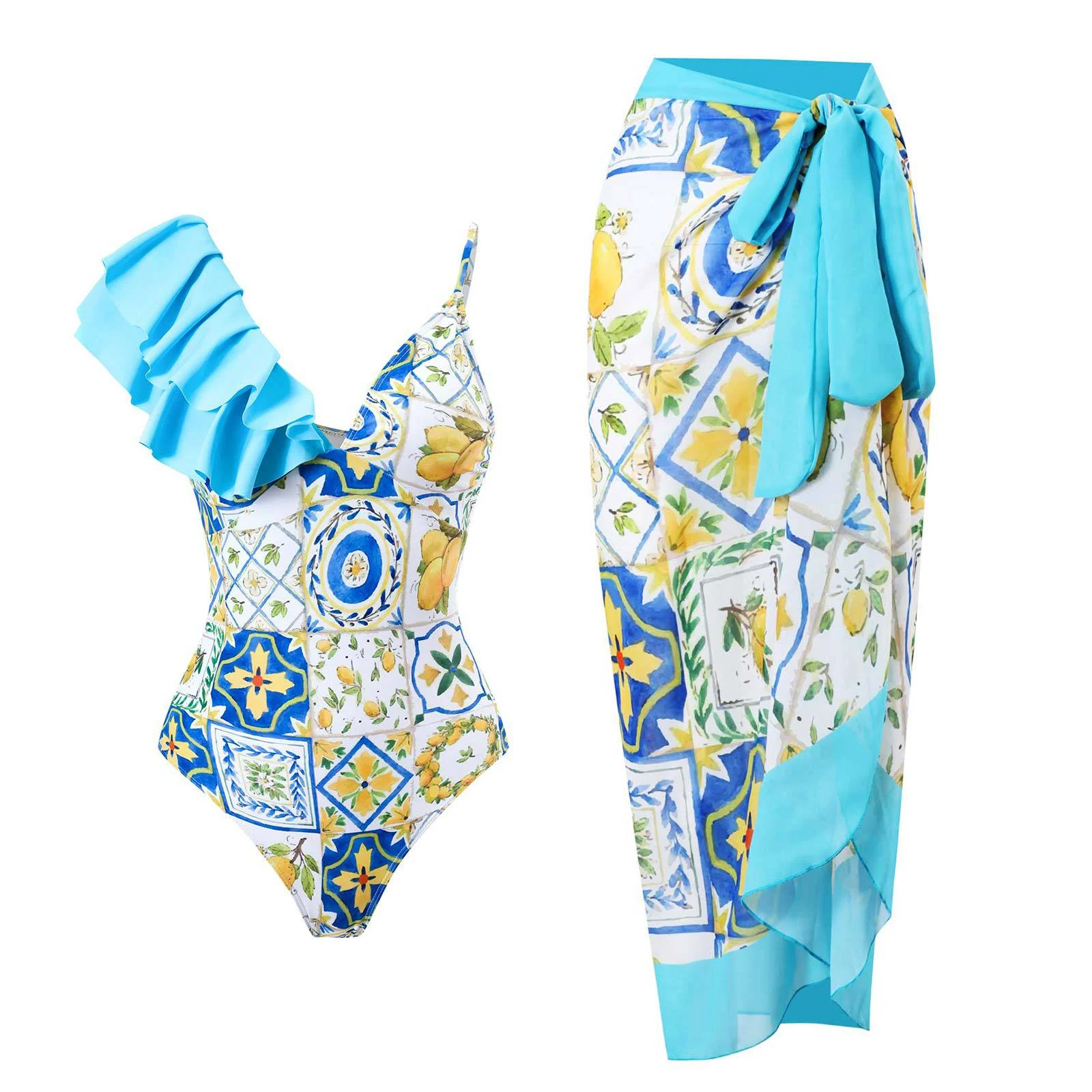 Dames one-shoulder geplooid Siamese bandage jurk-stijl tweedelig badpak, flatterend en stijlvol voor strand en zwembad. — foto 15