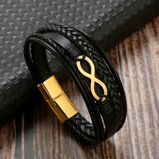 Title 8, Pulseira masculina de couro de vaca, aço inoxid...