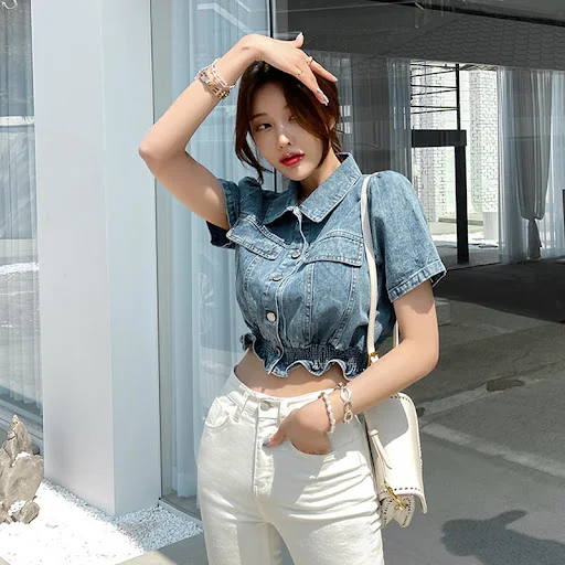 Title 4, Denim taille mode slanke top met korte mouwen