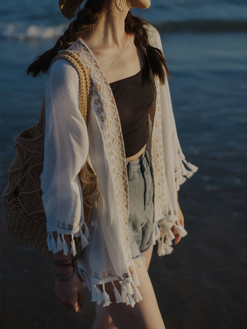 Ethnic Embroidery Sun Protection Shirt Beach Baggy Coat Stay stylish and protected from the sun. Perfect for the beach, — photo 8