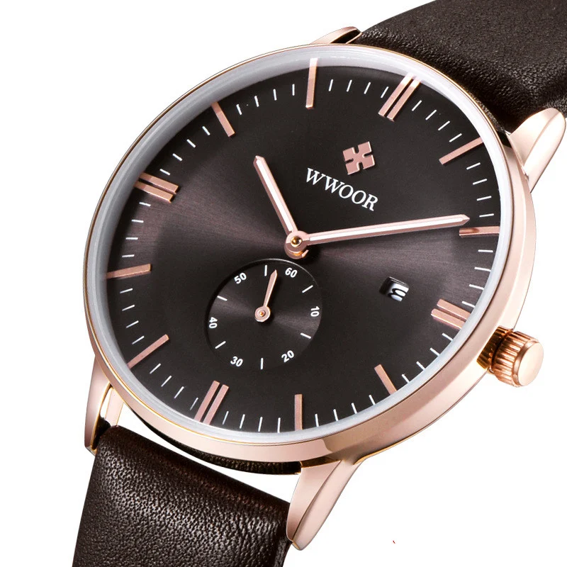 Relógio masculino com pulseira de couro simples e calendário. Um acessório elegante e funcional para o homem moderno. — foto 3
