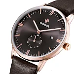 Relógio masculino com pulseira de couro simples e calendário. Um acessório elegante e funcional para o homem moderno. — foto 3