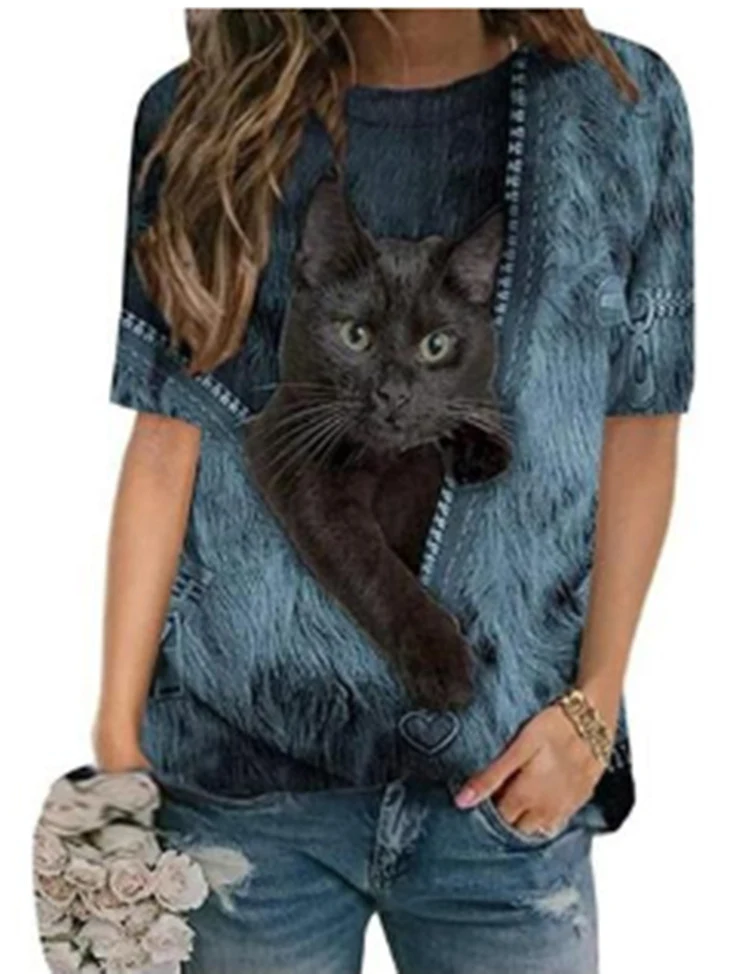 Title 3, Cartoon Zipper Cat Print Casual O-neck Short Sl...
