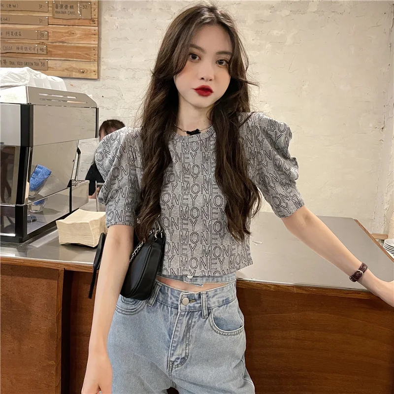Puff Sleeve Slim T-shirt Women's French Short Padded Shoulder — photo 12