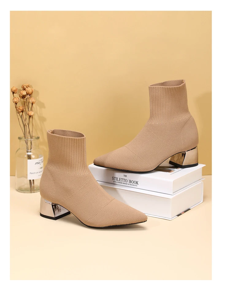 Damen Fashion High Heel Pointed Toe Chunky Heel Stretch Strick Stiefel bieten Stil und Komfort für jeden Anlass. — foto 8