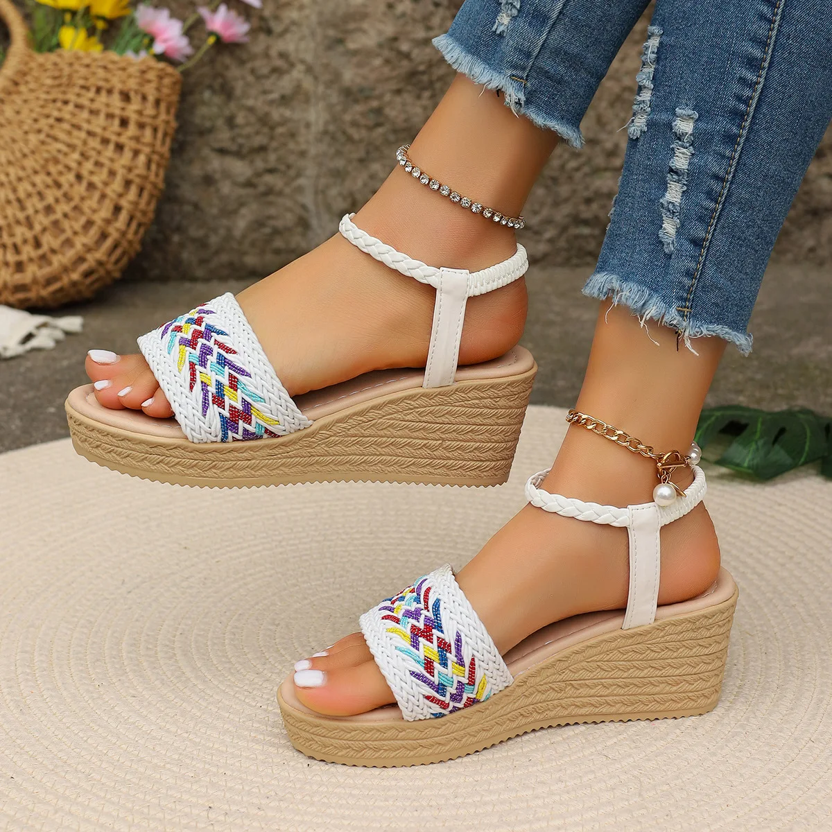 Title 7, Womens Wedge Round Toe Color-blocking Open Toe...
