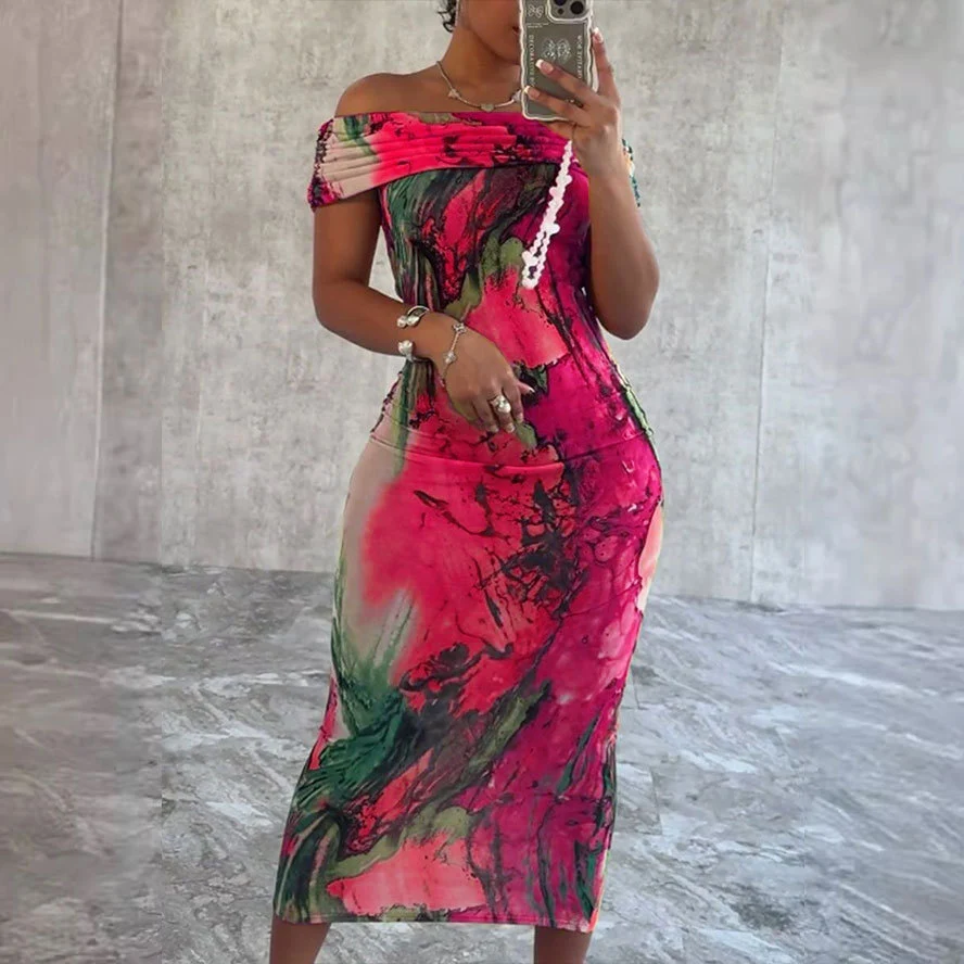 Title 12, Off-shoulder Printed Sleeveless Elastic Hip Dress