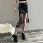 New Spring and Summer Women's Skirt, Solid Color, Sexy, Irregular PU and Lace Stitching, perfect for a stylish and flatt — photo 2