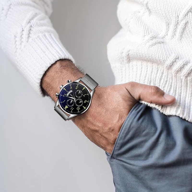 Title 4, Relógio masculino com pulseira de malha, mostra...