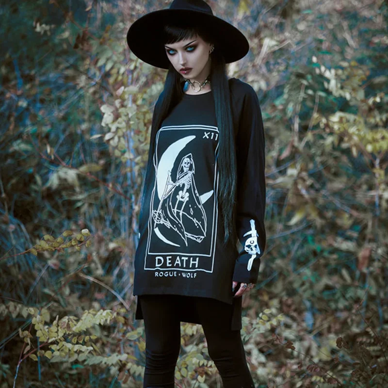 Herbst- und Winter-Gothic-Pullover mit dunklem Mond-Buchstabendruck, Rundhalsausschnitt und langem Muster — foto 15