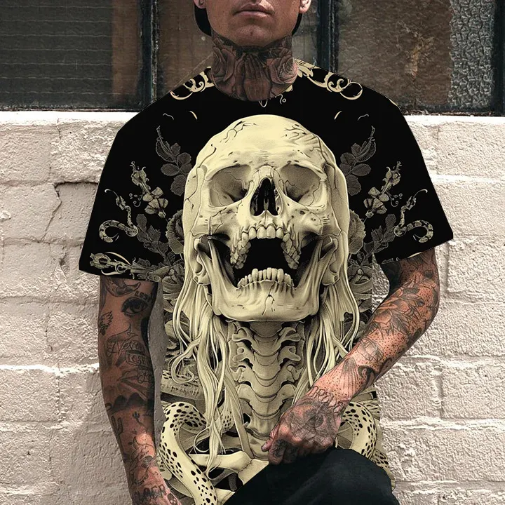 Camiseta masculina gola redonda manga curta com estampas personalizadas de caveira, ideal para um visual moderno e confortável no verão — foto 2