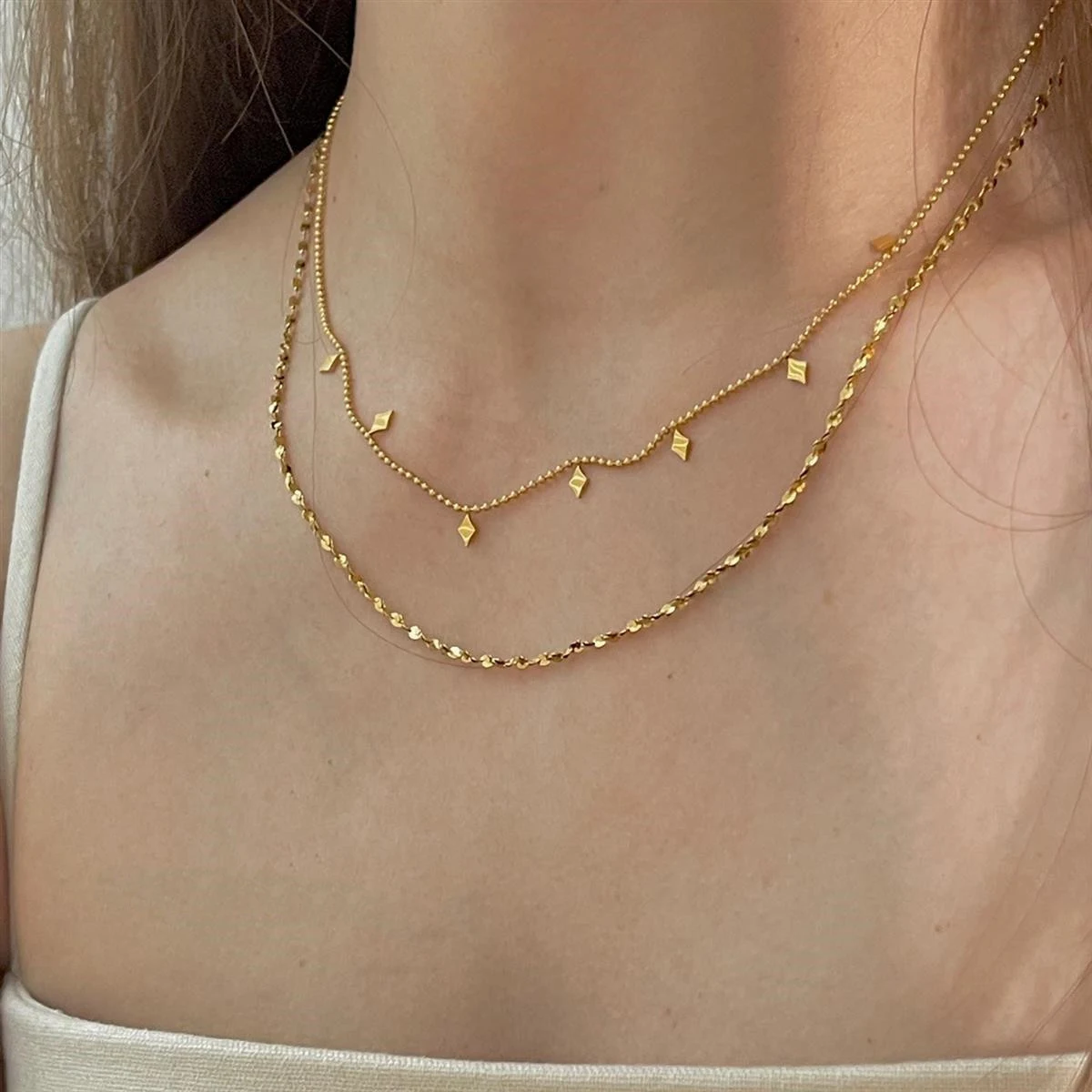 Novo colar duplo de luxo leve com paetês em forma de diamante, estilo moderno e que não desbota facilmente, perfeito para um visual deslumbrante. — foto 7