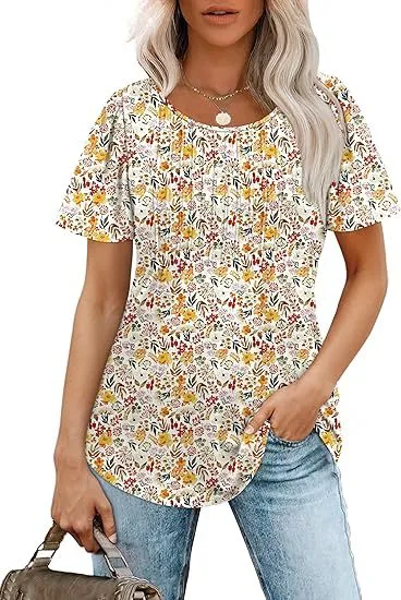 Women's short-sleeved pleated low round neck top. Comfortable and stylish, perfect for everyday wear or dressing up, enh — photo 6