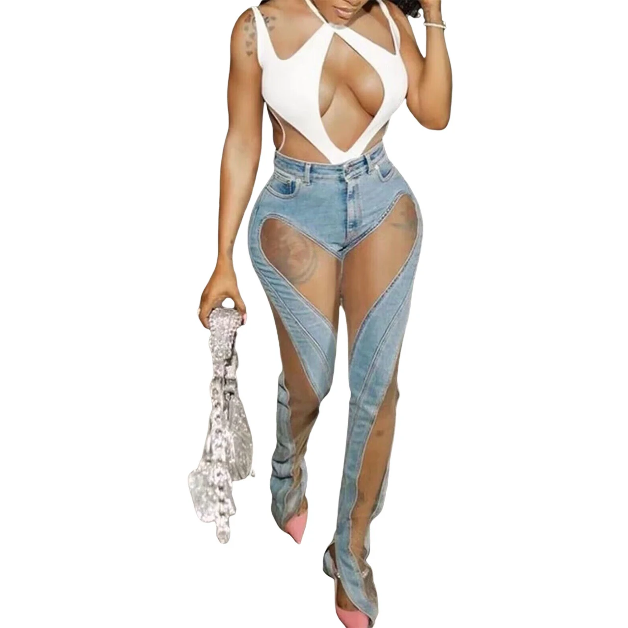 Title 3, Jeans ajustados con malla transparente, corte d...