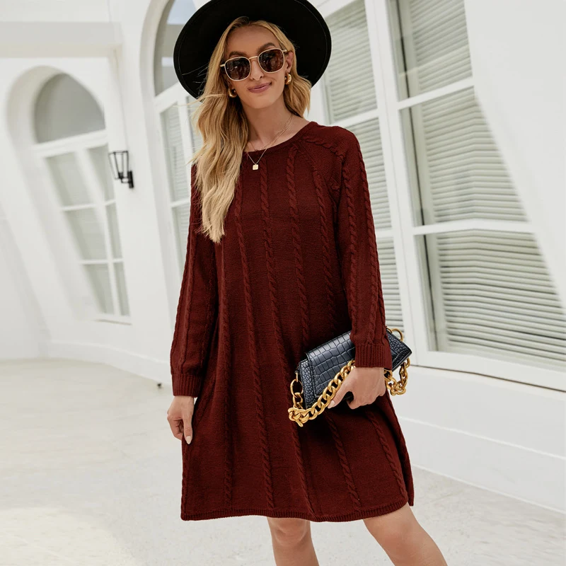 Title 7, Damen Casual Pullover Kleid in Uni Farbe mit Tw...