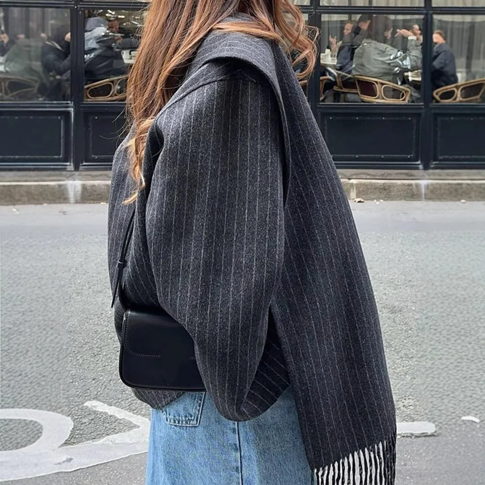 Striped Tassel Scarf Collar Blended Woolen Coat, a warm and stylish winter coat, perfect for keeping cozy and fashionabl — photo 3