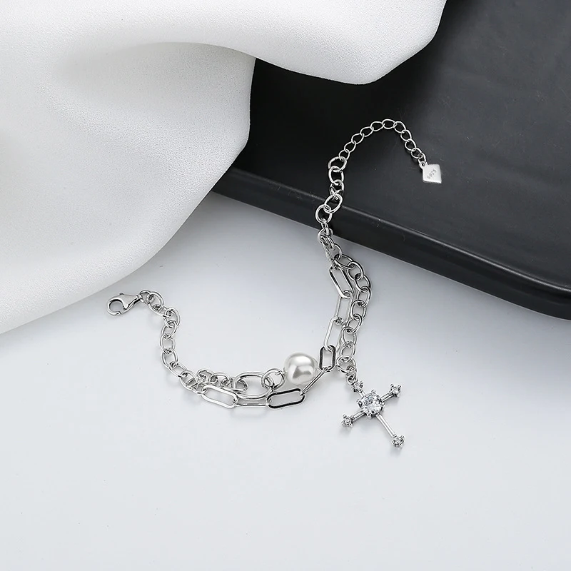 Pulseira cruzada de pérola de camada dupla francesa em prata esterlina S925, delicada e sofisticada, presente perfeito. — foto 6