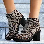 Botas Femininas de Tornozelo com Estampa de Leopardo Inverno Salto Quadrado Camurça com Cadarço e Zíper Sapatos Versáteis Casuais Outono e Inverno — foto 1
