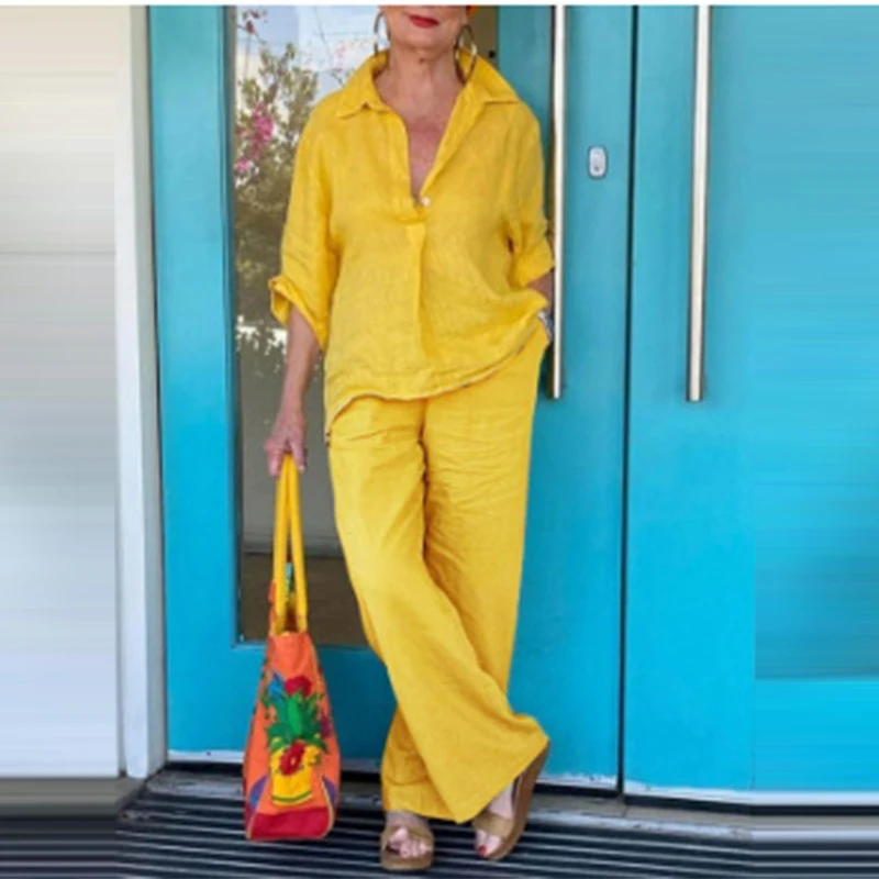 Title 5, Womens Lapel Top and Pants Two-Piece Set, offe...