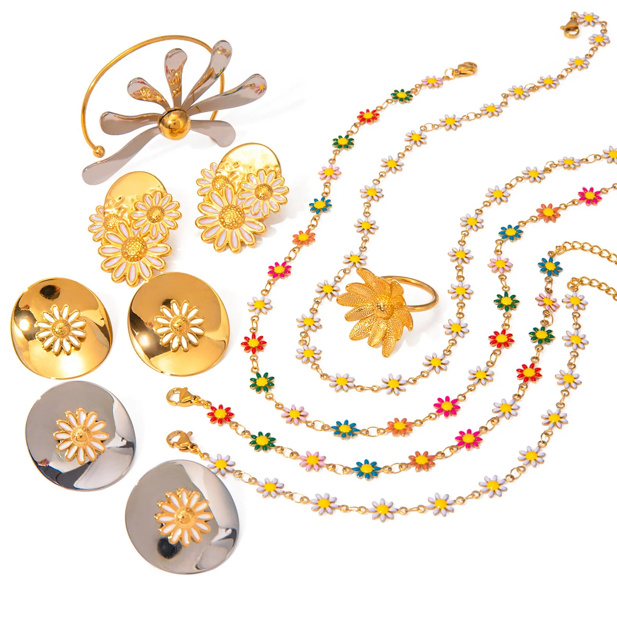 Brincos de botão de aço inoxidável banhado a ouro 18K com crisântemo e colar com corrente – conjunto elegante para um toque de sofisticação diário. — foto 11