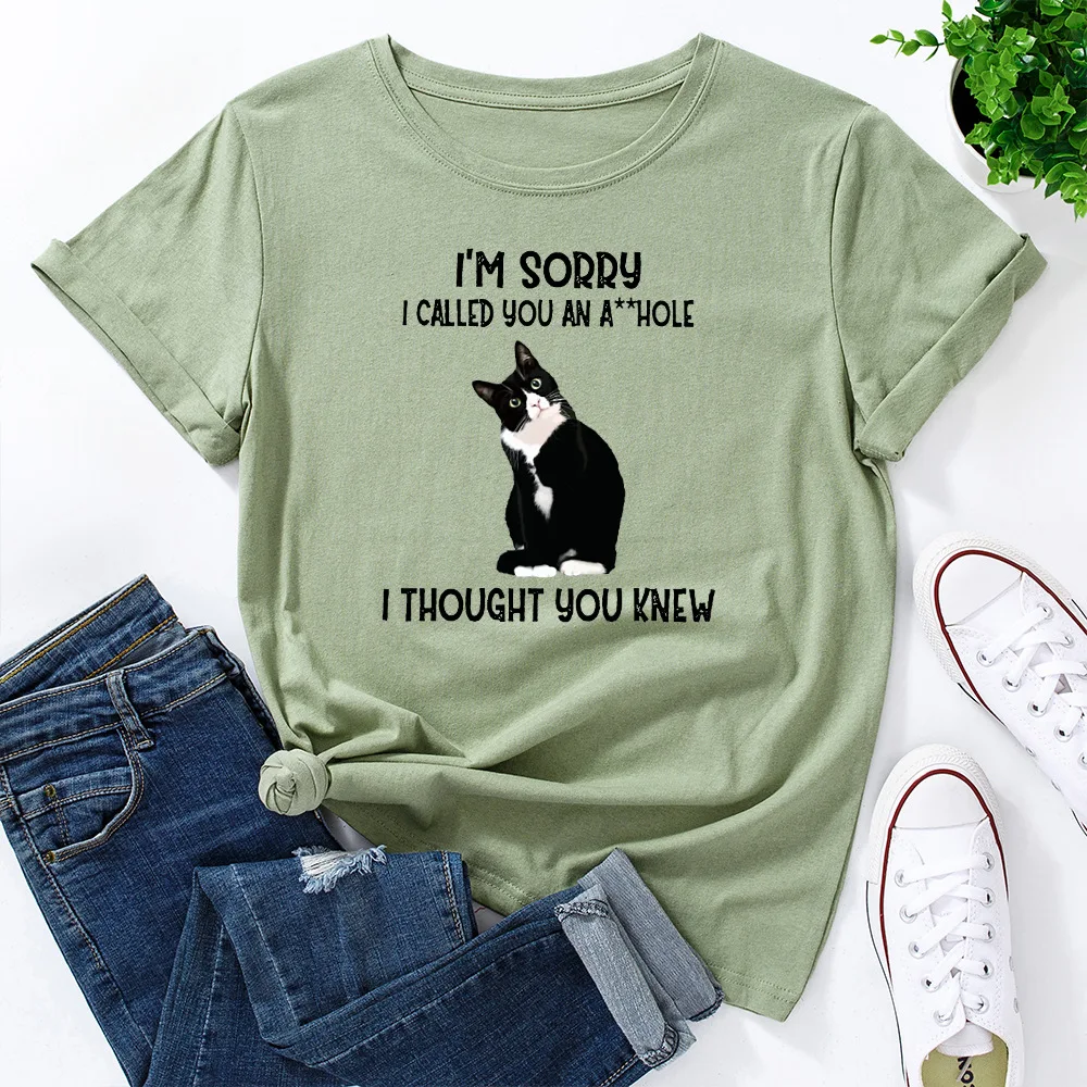 Title 15, Cute Letter Cat Print Loose Round Neck Short Sl...