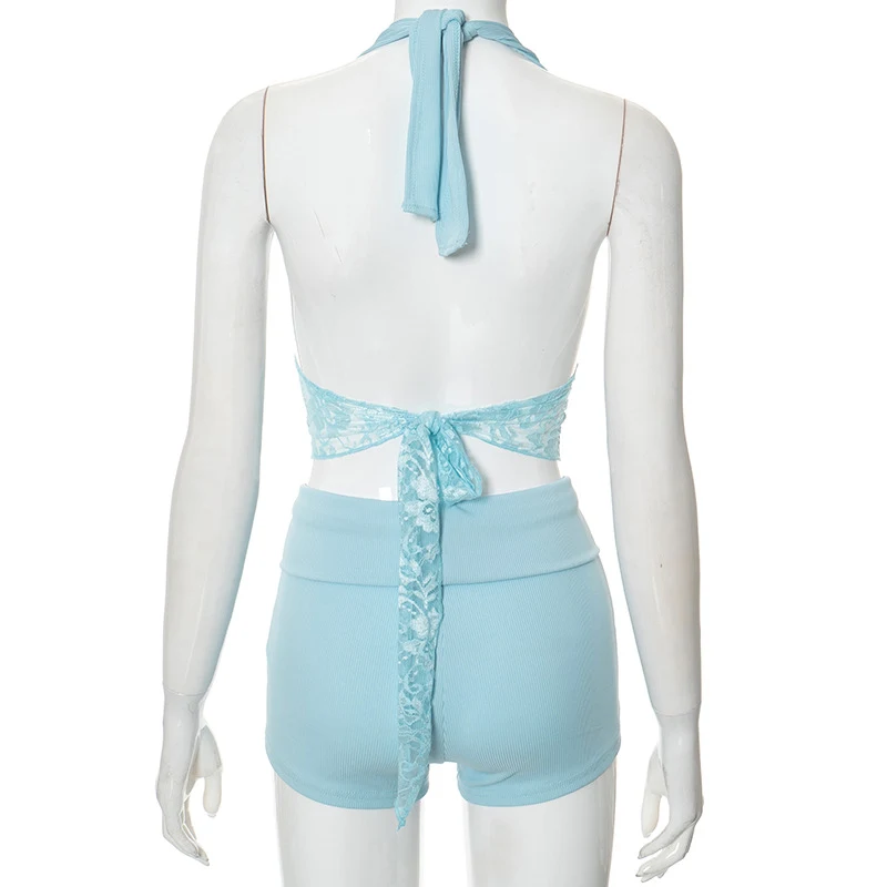 Title 34, Lace Stitching Halter Top Drawstring Shorts Two...