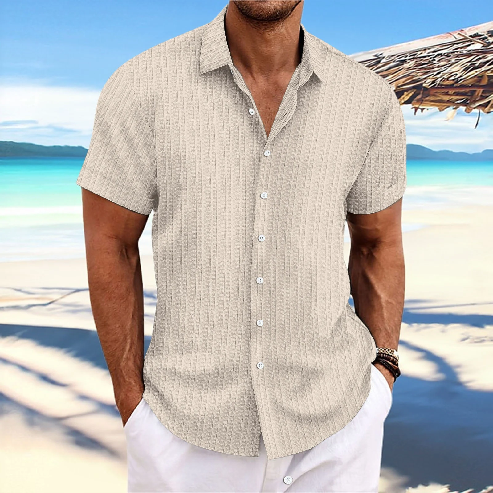Men's Cotton and Linen Striped Jacquard Casual Loose Short Sleeve Shirt, Breathable and Perfect for Summer — photo 8