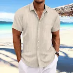 Men's Cotton and Linen Striped Jacquard Casual Loose Short Sleeve Shirt, Breathable and Perfect for Summer — photo 8