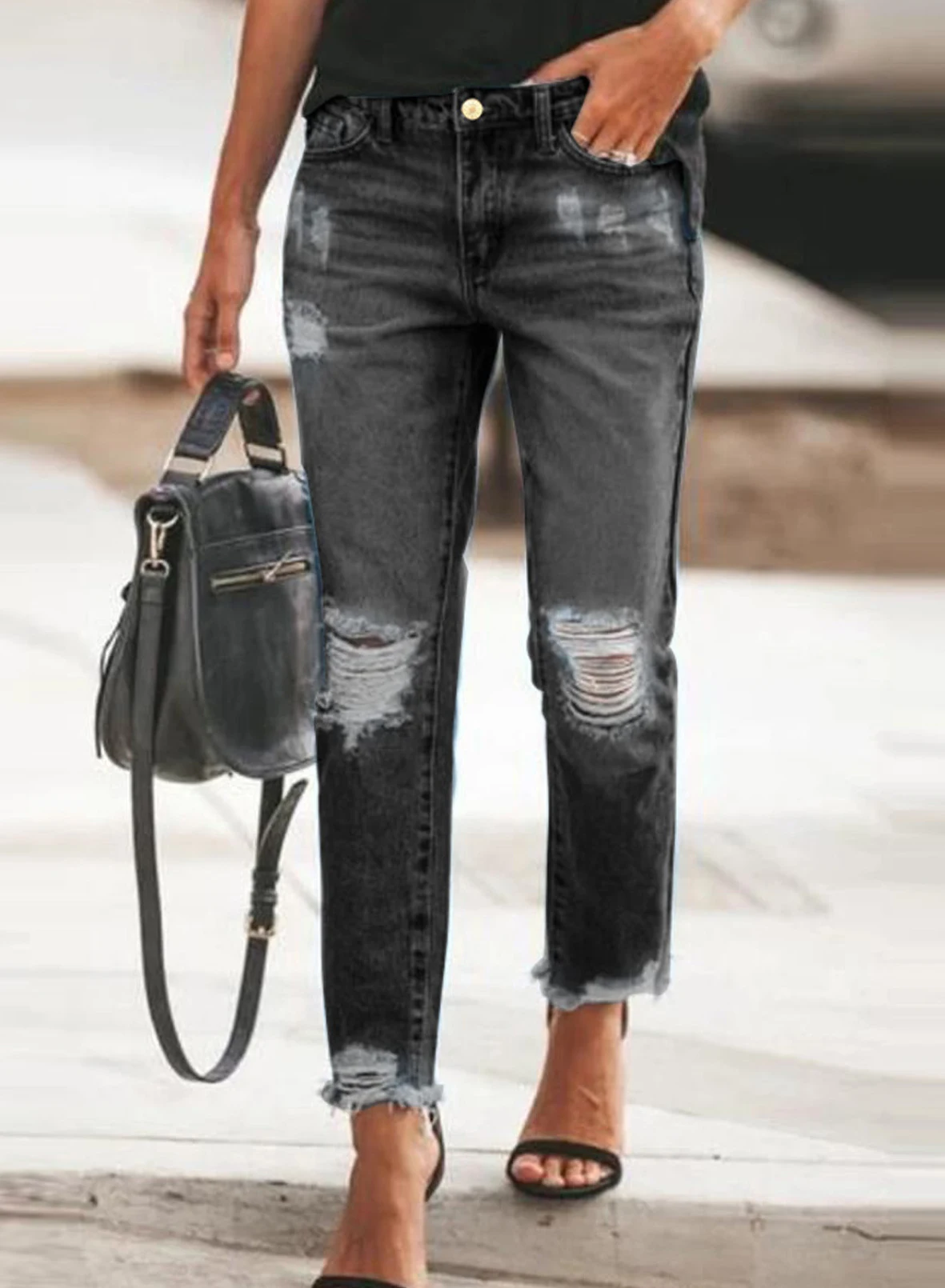 Ripped Denim Broek Gewassen en Gedragen — foto 5