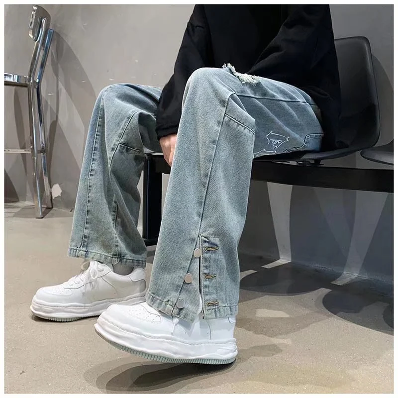 Title 8, Mens Letter Embroidery Loose Straight Pants. C...