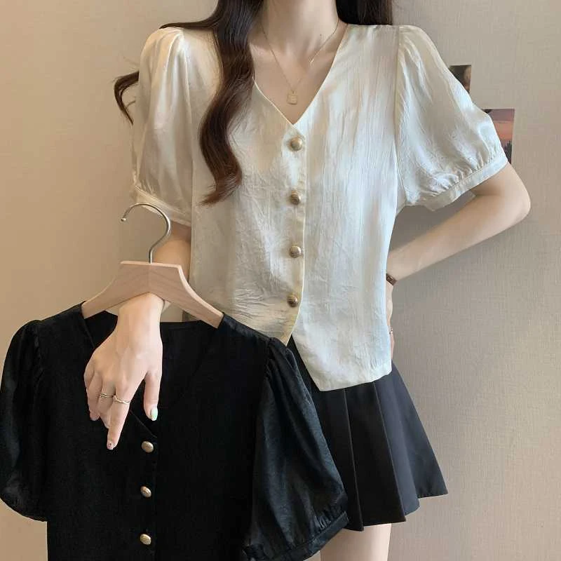 Women's Korean-style V-neck Solid Color Acetate Shirt With Short Sleeves — photo 4