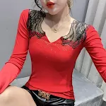 Hollow Jeweled V-neck Slim Fit Slimming Top — photo 12