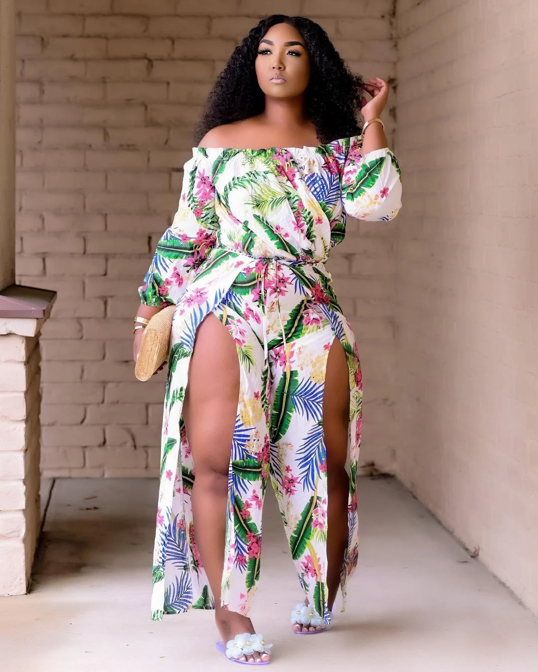 Lovely Plus Size Boho Floral Print Split Multicolor One-piece Jumpsuit — photo 4