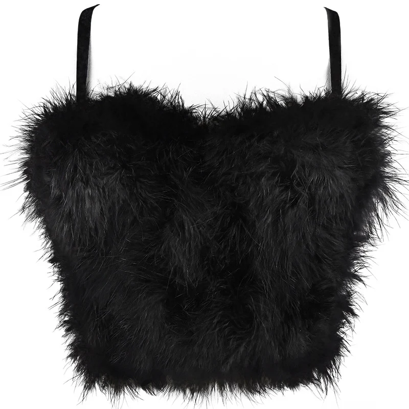Herfst- en wintercamisole voor dames, effen kleur stiksels, harige voering, veren top, ideaal voor Kerstmis en optredens. — foto 16