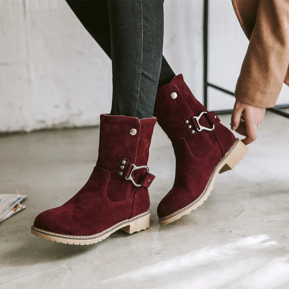 Title 5, High-top flat round toe belt buckle mid-boots p...