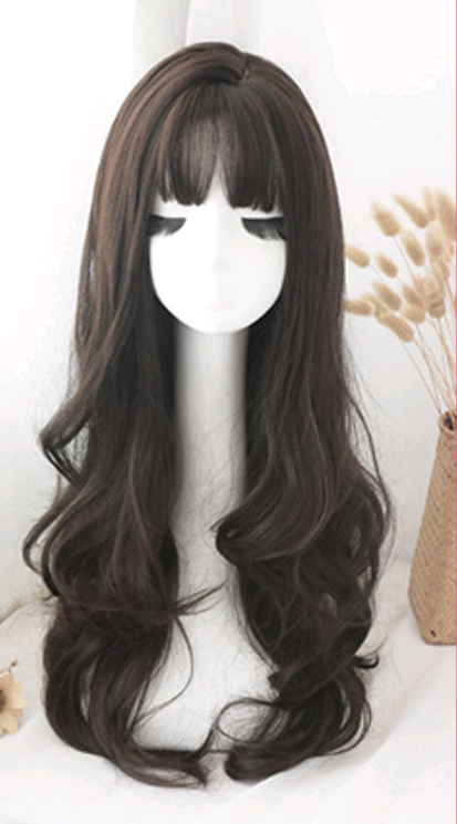 Parrucca lunga riccia e ondulata con frangia ad aria a fiore di pera in fibra chimica per un look voluminoso e naturale, facile da indossare e acconciare. — foto 8