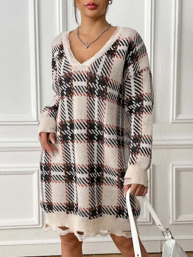 Title 8, Fashion V-neck Plaid Dress Casual Loose Long-sl...