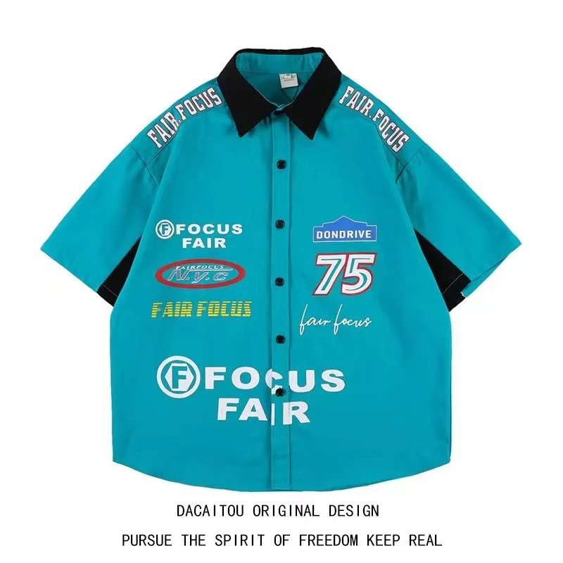 American Retro Heavy Industry Color Matching Racing Style Short Sleeve Shirt — photo 15