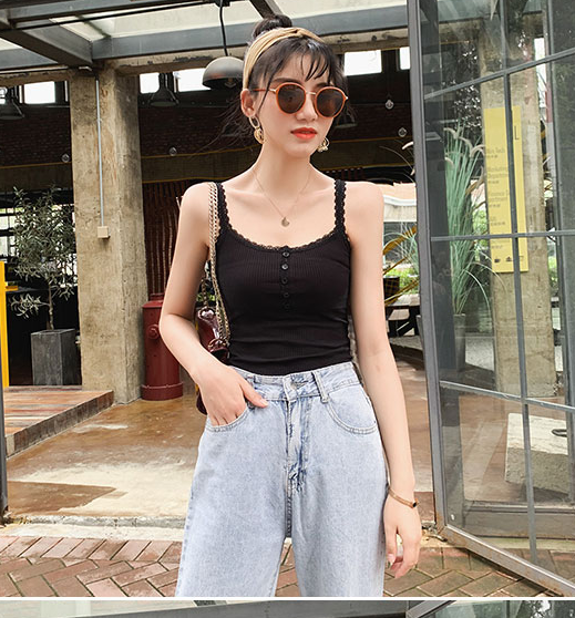 Title 1, Button Lace Hem Thread Cotton Halter Vest — Eff...