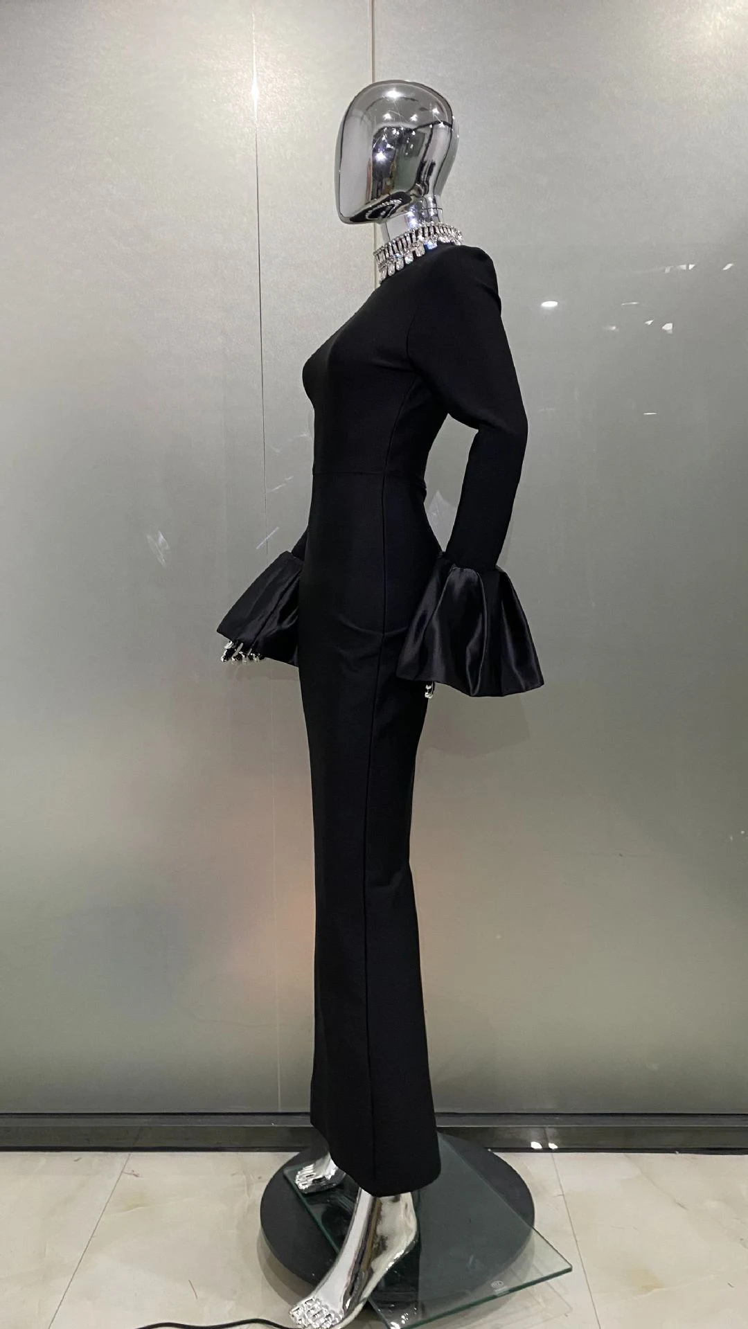 Title 15, Bell Sleeve Rhinestone Collar Black Dress, a fa...