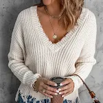 Maglione donna in cotone con frange e strappi, nuovo design lavorato a maglia, per un look casual e alla moda, perfetto per l'autunno e l'inverno. — foto 2