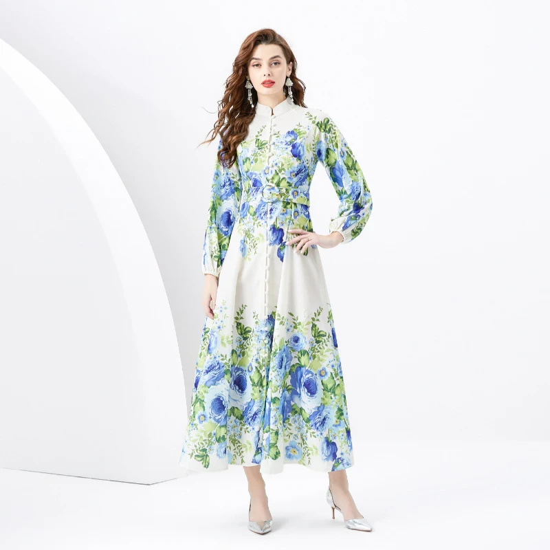 Retro Stand Collar Single-breasted Printed Wide Swing Long Dress — photo 2