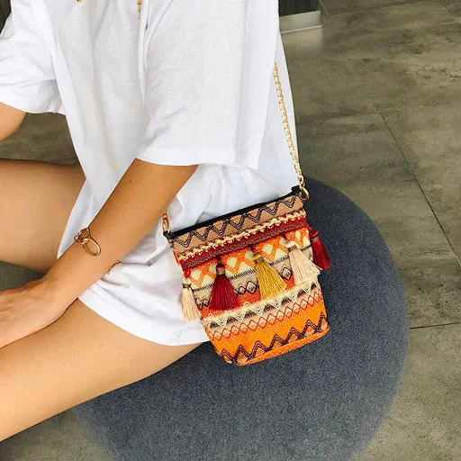 Title 15, Bolso de lino estilo étnico con borlas, ideal p...