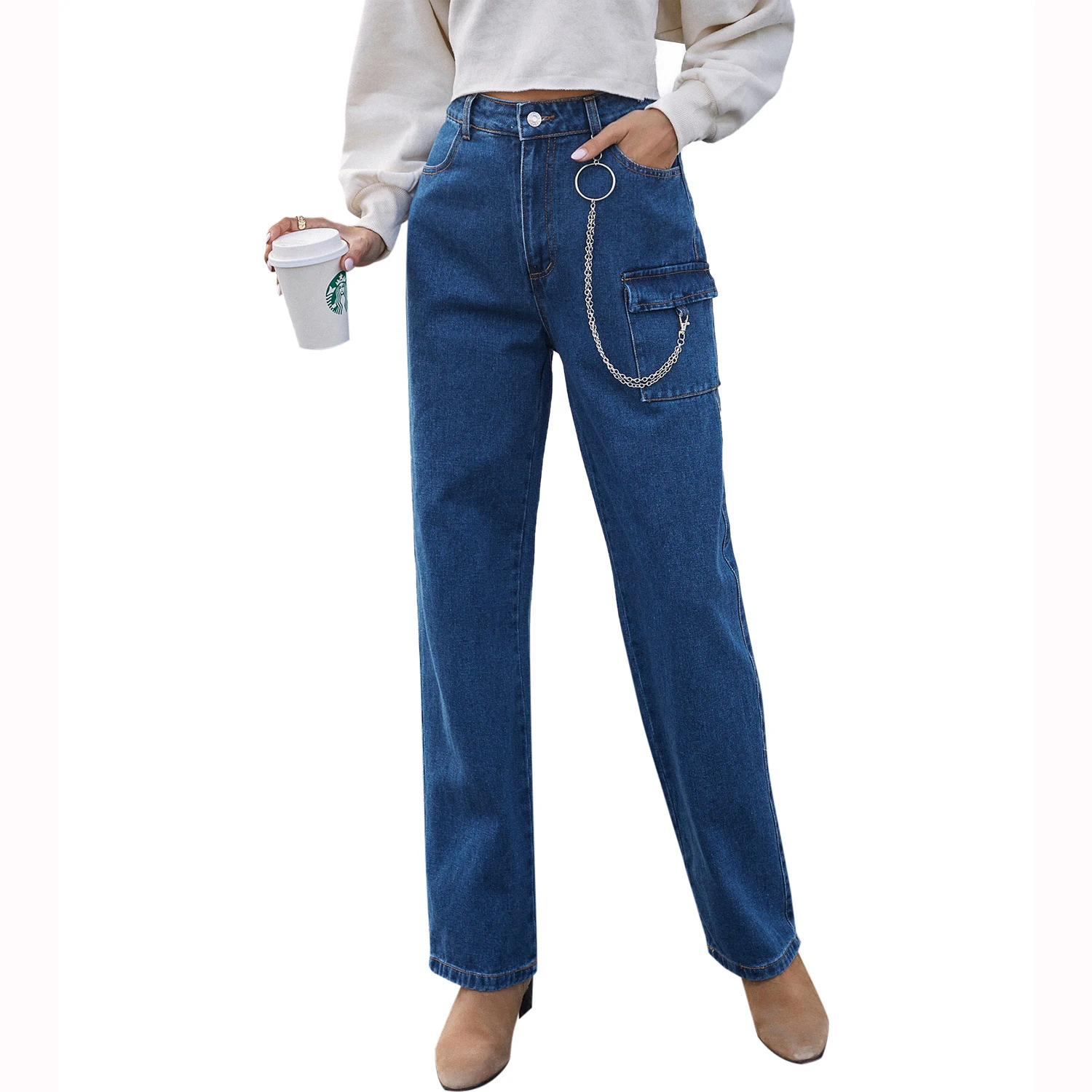 Amazon lente dames jeans, Europese en Amerikaanse INS mode, met zakken en ketting, rechte pijpen, modieus en comfortabel voor dagelijks gebruik. — foto 4