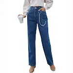 Amazon lente dames jeans, Europese en Amerikaanse INS mode, met zakken en ketting, rechte pijpen, modieus en comfortabel voor dagelijks gebruik. — foto 4