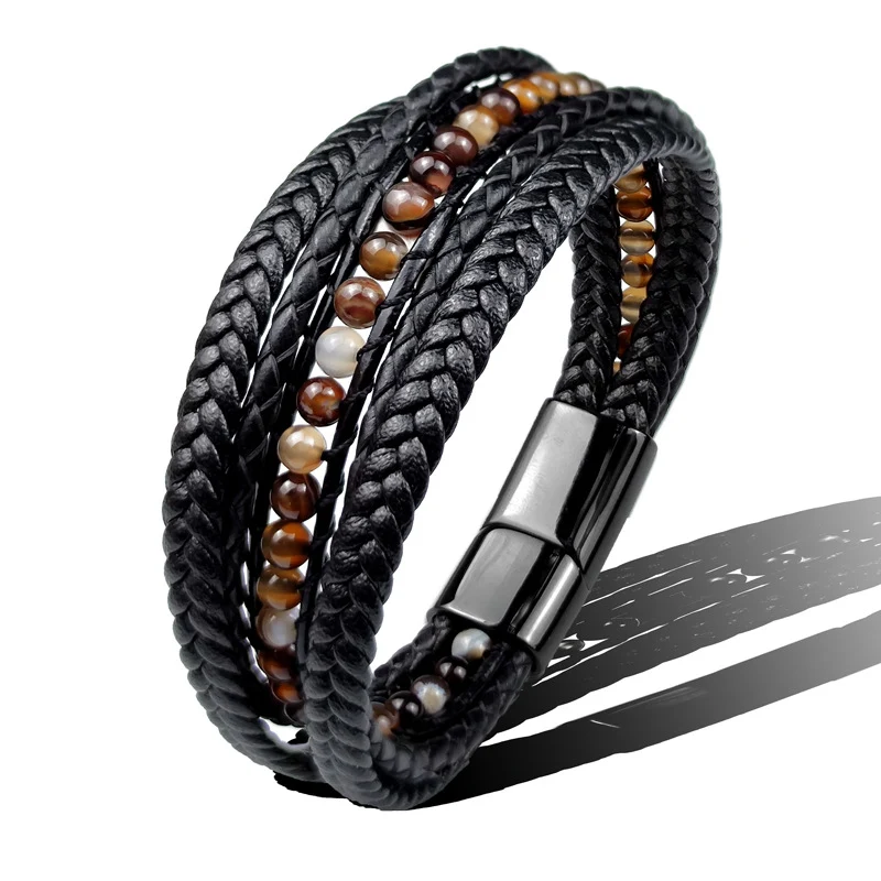 Title 3, Pulseira Masculina Multicamadas Couro Aço Inoxi...