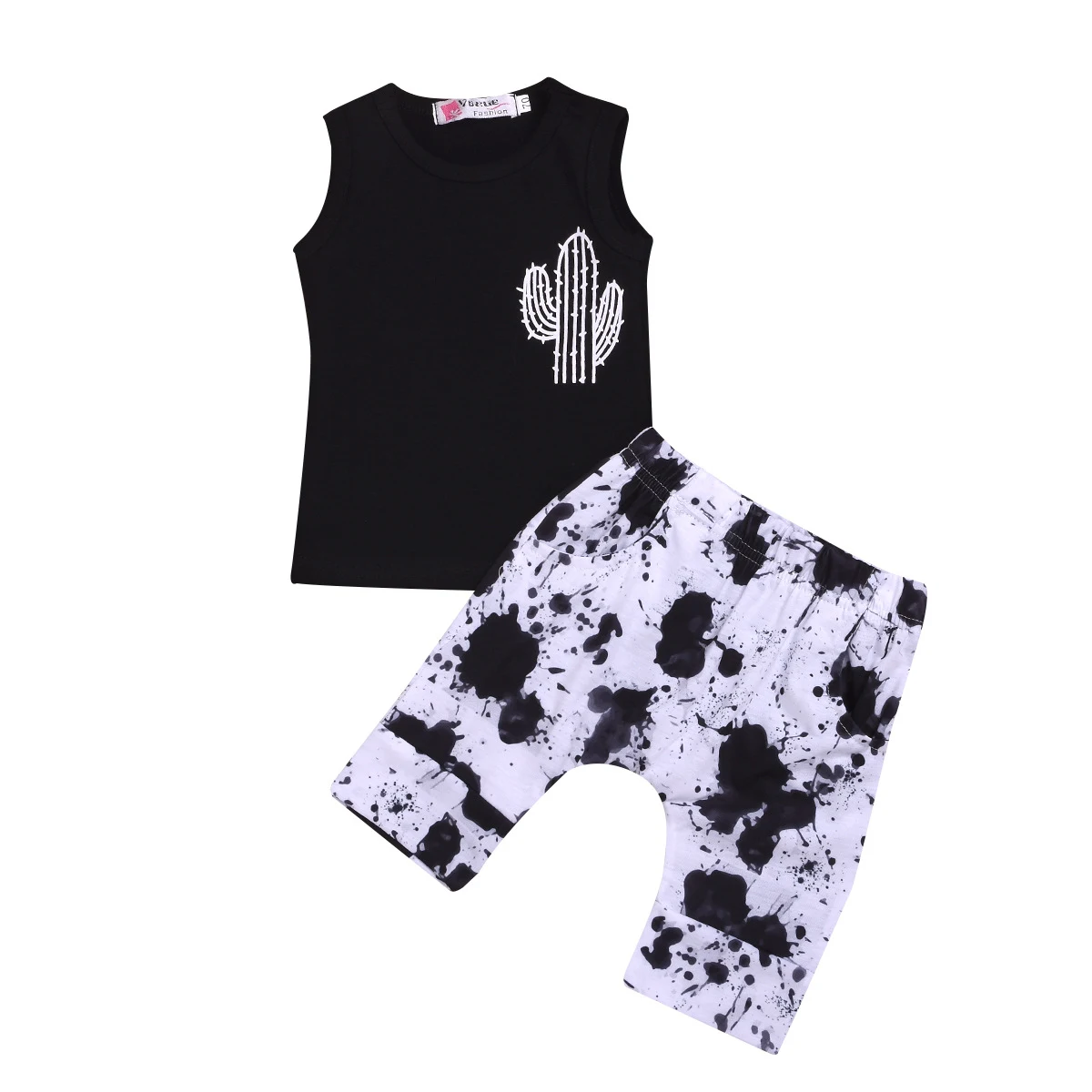 Conjunto infantil de duas peças sem mangas para menino com estampa de cacto e letras, roupas de verão confortáveis e estilosas. — foto 3